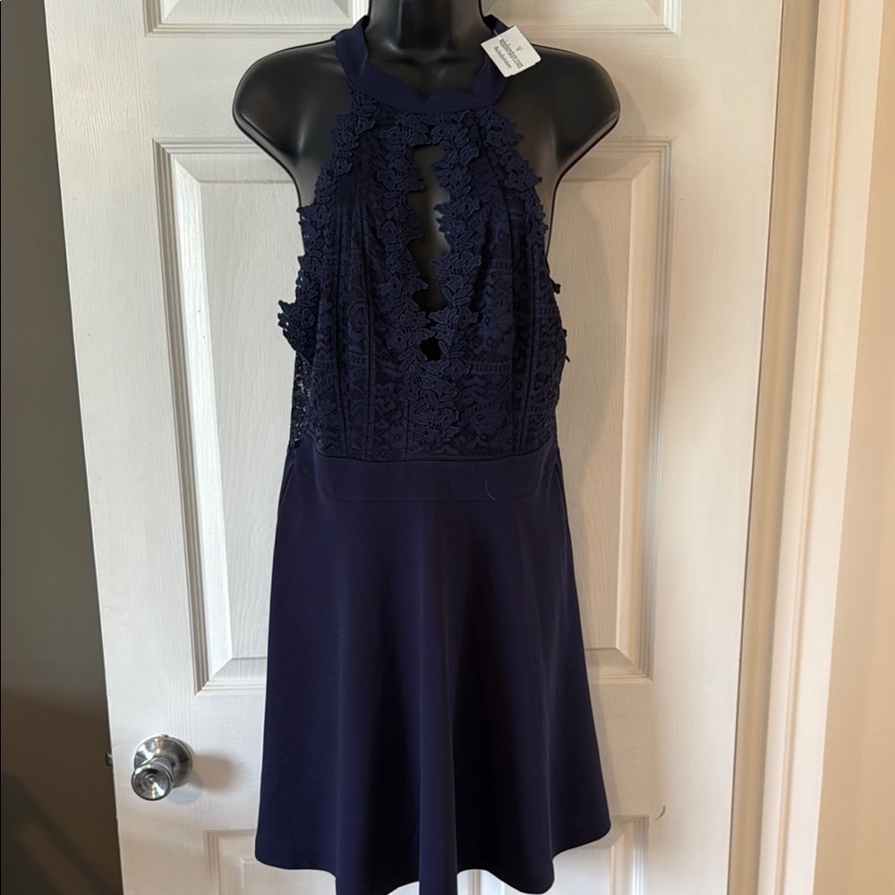 Elegant Navy Lace Halter Dress